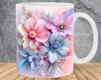 3D Flowers Mug Wrap 11oz & 15oz Mug Template, 3D Flowers Mug Sublimation Design Mug Wrap Template PNG Instant Digital Download