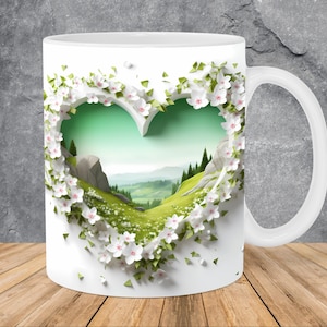 3D Spring Love Heart Hole In A Wall Mug Wrap 11oz & 15oz Mug Template, Mug Sublimation Design Mug Wrap Template PNG Instant Digital Download