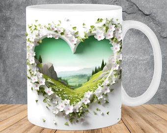3D Spring Love Heart Hole In A Wall Mug Wrap 11oz & 15oz Mug Template, Mug Sublimation Design Mug Wrap Template PNG Instant Digital Download