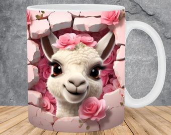 3D Llama Roses Hole In Pink Wall Mug Wrap 11oz & 15oz Mug Template, 3D Mug Sublimation Design Mug Wrap Template PNG Instant Digital Download