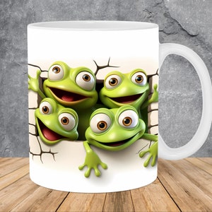 3D Four Frogs Hole In A Wall Mug Wrap 11oz & 15oz Mug Template, 3D Mug Sublimation Design Mug Wrap Template PNG Instant Digital Download