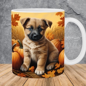 Autumn Puppy Pumpkins Mug Wrap 11oz & 15oz Mug Template, Cute Dog Mug Sublimation Design Mug Wrap Template PNG Instant Digital Download