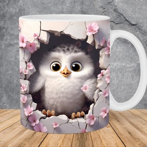3D Baby Owl Hole In A Wall Flowers Mug Wrap 11oz & 15oz Mug Template, Mug Sublimation Design Mug Wrap Template PNG Instant Digital Download