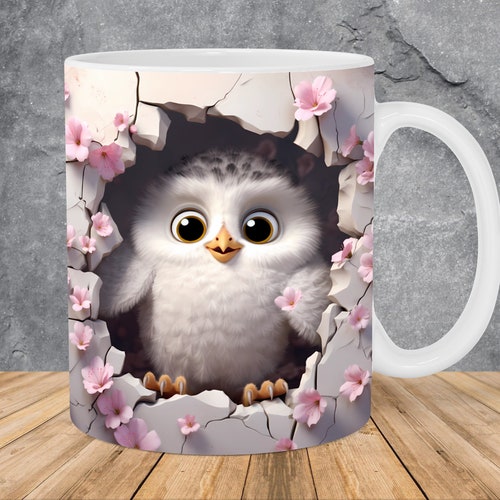 3D Baby Owl Hole In A Wall Flowers Kubek Wrap 11oz i 15oz Szablon Kubka, Projekt Sublimacji Kubka Szablon Wrap PNG Natychmiastowe Pobieranie Cyfrowe