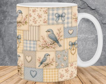 Birds 11oz & 15oz Mug Design, Flowers Sublimation PNG, Bows Mug Wrap PNG