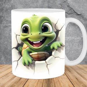 3D Baby Turtle Hole In A Wall Mug Wrap 11oz & 15oz Mug Template, 3D Mug Sublimation Design Mug Wrap Template PNG Instant Digital Download