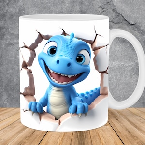 3D Baby Dinosaur Hole In A Wall Mug Wrap 11oz & 15oz Mug Template, 3D Mug Sublimation Design Mug Wrap Template PNG Instant Digital Download