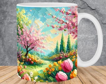 Modello di tazza da 11oz e 15oz con pittura a giardino primaverile, modello di tazza con motivo a sublimazione con fiori, modello di tazza PNG con download digitale istantaneo