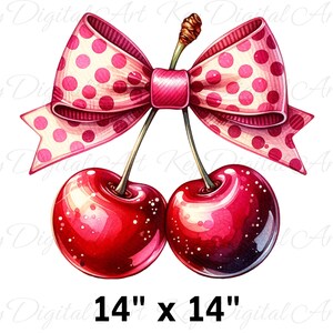 May include: Two red cherries with green stems and a pink polka dot bow tied around the stems. The cherries are 14 inches by 14 inches.