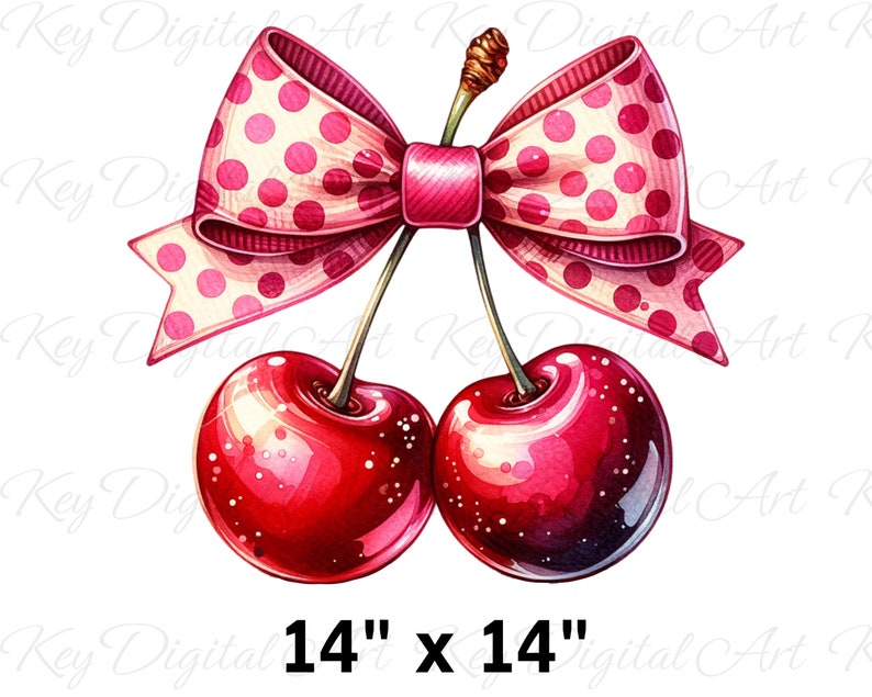 May include: Two red cherries with green stems and a pink polka dot bow tied around the stems. The cherries are 14 inches by 14 inches.