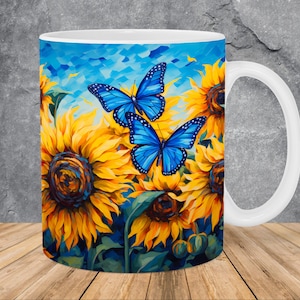 Modello tazza con farfalle blu girasoli, modello tazza da 11 once e 15 once, modello tazza con design a sublimazione tazza PNG, download digitale istantaneo