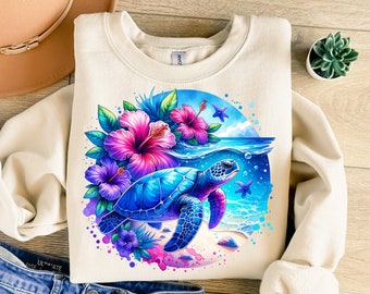 Turtle Png, Watercolor Turtle Png, Trendy Png, Ocean Png, Hibiscus Flowers Sublimation, Ocean Sublimation, T-Shirt Design, Sweatshirt Png