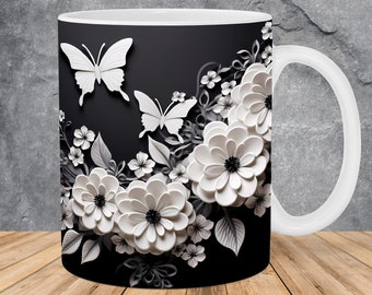 3D White Butterflies Flowers Mug Wrap 11oz & 15oz Mug Template, 3D Mug Sublimation Design Mug Wrap Template PNG Instant Digital Download