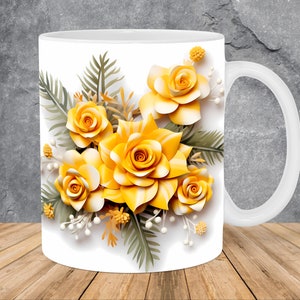 3D Yellow Flowers Mug Wrap 11oz & 15oz Mug Template, 3D Flower Mug Sublimation Design Mug Wrap Template PNG Instant Digital Download