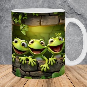 3D Frogs Hole In A Brick Wall Mug Wrap 11oz & 15oz Mug Template, 3D Mug Sublimation Design Mug Wrap Template PNG Instant Digital Download