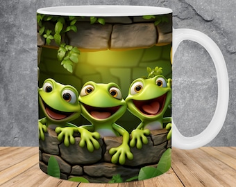 3D Frogs Hole In A Brick Wall Mug Wrap 11oz & 15oz Mug Template, 3D Mug Sublimation Design Mug Wrap Template PNG Instant Digital Download