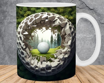 May include: White ceramic coffee mug with a golf ball breaking through a green and white abstract design. The golf ball is on a green grassy surface with a forest in the background.