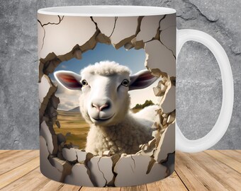 3D Sheep Hole In A Wall Mug Wrap 11oz & 15oz Mug Template, 3D Mug Sublimation Design Mug Wrap Template PNG Instant Digital Download