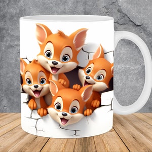 3D Four Baby Foxes Hole In A Wall Mug Wrap 11oz & 15oz Mug Template, Mug Sublimation Design Mug Wrap Template PNG Instant Digital Download