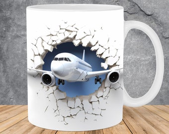 3D White Plane Hole In A Wall Mug Wrap 11oz & 15oz Mug Template, Plane Mug Sublimation Design Mug Wrap Template PNG Instant Digital Download
