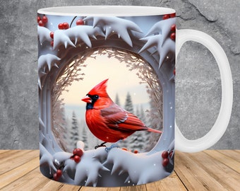 3D Winter Red Cardinal Bird Mug Wrap 11oz & 15oz Mug Template, 3D Mug Sublimation Design Mug Wrap Template PNG Instant Digital Download
