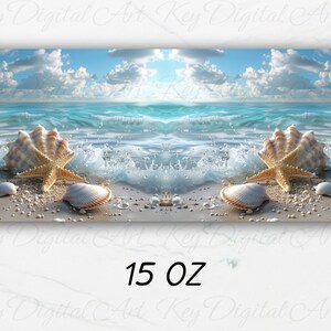 May include: A seashell with a starfish on a sandy beach with blue ocean waves in the background. The text "15 OZ" is printed below the image.