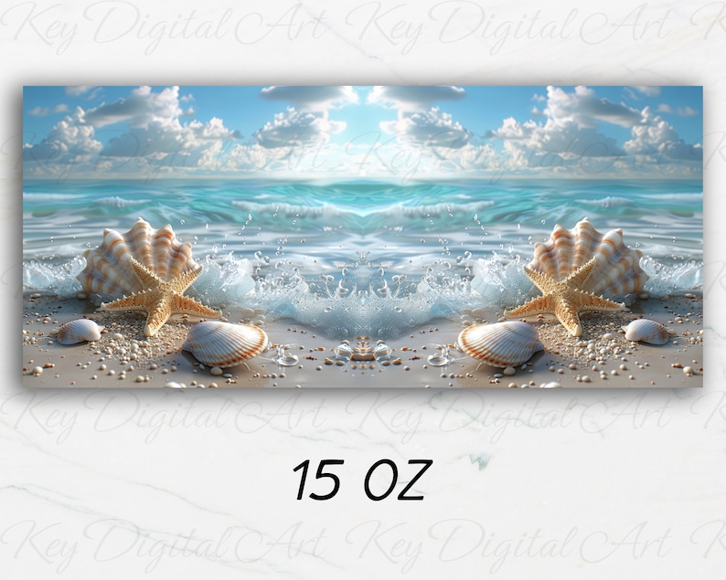 May include: A seashell with a starfish on a sandy beach with blue ocean waves in the background. The text "15 OZ" is printed below the image.