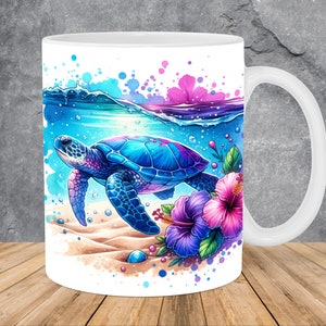 May include: White ceramic mug with a colorful illustration of a sea turtle swimming in the ocean with pink and purple flowers. The turtle is blue and green with a white shell.