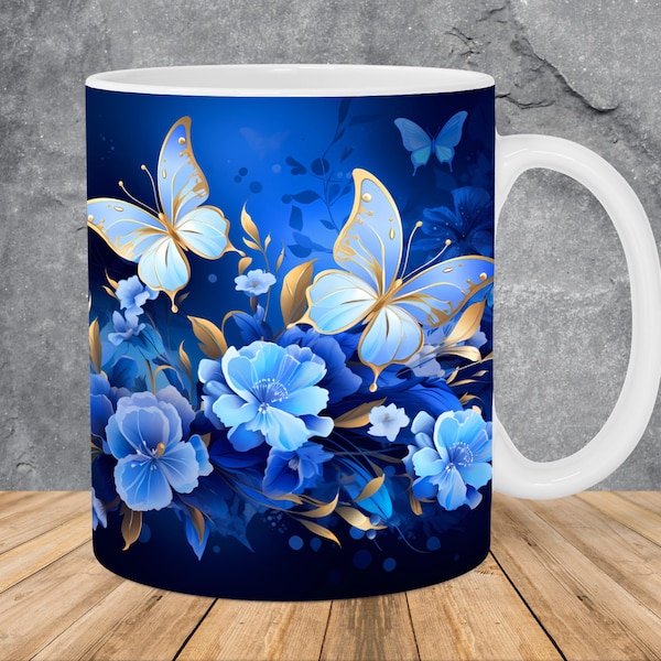 Blue Butterflies Flowers Mug Wrap 11oz & 15oz Mug Template, Butterfly Mug Sublimation Design Mug Wrap Template PNG Instant Digital Download