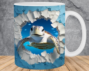 3D Schildkröte Ozean Loch in einer Wand Becher wickeln 11oz 15oz Becher Vorlage, 3D Becher Sublimation Design Becher Wrap Vorlage PNG Sofortiger digitaler Download