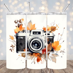 Watercolor Photo Camera Autumn Leaves 20 oz Skinny Tumbler Sublimation Design, Straight & Tapered Tumbler Wrap PNG Instant Digital Download
