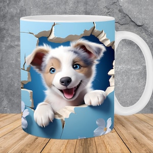 3D Puppy Hole In Flower Wall Mug Wrap 11oz & 15oz Mug Template, 3D Dog Mug Sublimation Design Mug Wrap Template PNG Instant Digital Download