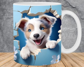 3D Puppy Hole In Flower Wall Mug Wrap 11oz & 15oz Mug Template, 3D Dog Mug Sublimation Design Mug Wrap Template PNG Instant Digital Download