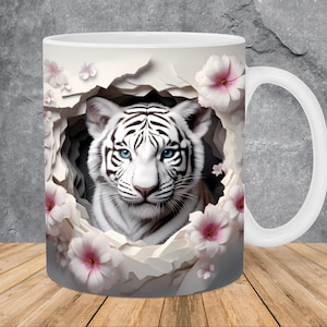 3D White Tiger Hole In A Wall Mug Wrap 11oz & 15oz Mug Template, 3D Mug Sublimation Design Mug Wrap Template PNG Instant Digital Download