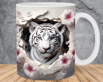 3D weißer Tiger Loch in einer Wand Becherverpackung 11 Unzen 15 Unzen Tassenvorlage, 3D-Becher Sublimationsdesign Becherverpackungsvorlage PNG Sofortiger digitaler Download