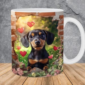 Plantilla para envolver tazas de 11 oz y 15 oz con agujero en la pared de Dachshund en 3D, diseño de sublimación de tazas de perro, plantilla para envolver tazas PNG, descarga digital instantánea
