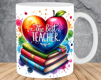 Watercolor The Best Teacher Books Mug Wrap 11oz & 15oz Mug Template, Mug Sublimation Design Mug Wrap Template PNG Instant Digital Download