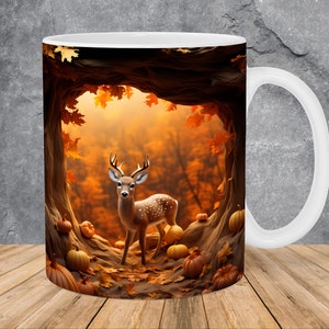 3D Autumn Deer Hole In A Wall Mug Wrap 11oz & 15oz Mug Template, 3D Mug Sublimation Design Mug Wrap Template PNG Instant Digital Download