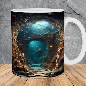 3D Library Books Underwater Mug Wrap 11oz & 15oz Mug Template, Ocean Mug Sublimation Design Mug Wrap Template PNG Instant Digital Download
