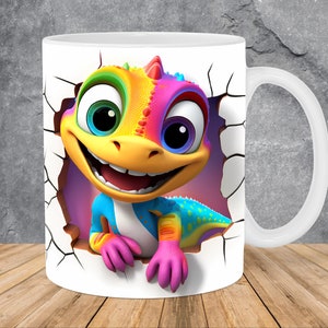 3D Rainbow Dinosaur Hole In A Wall Mug Wrap 11oz & 15oz Mug Template, Mug Sublimation Design Mug Wrap Template PNG Instant Digital Download