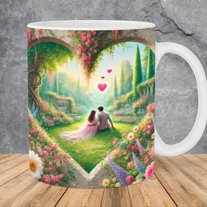 3D Couple Love Heart Flowers Mug Wrap 11oz & 15oz Mug Template, 3D Mug Sublimation Design Mug Wrap Template PNG Instant Digital Download