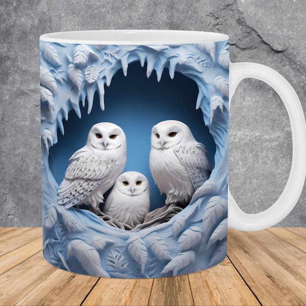 3D Owl Family Cave In A Wall Mug Wrap 11oz & 15oz Mug Template, Birds Mug Sublimation Design Mug Wrap Template PNG Instant Digital Download