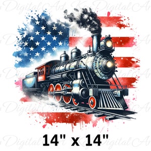 May include: A vintage-style steam locomotive with red, white, and blue accents, reminiscent of the American flag, is depicted against a watercolor background. The locomotive is 14 inches by 14 inches.