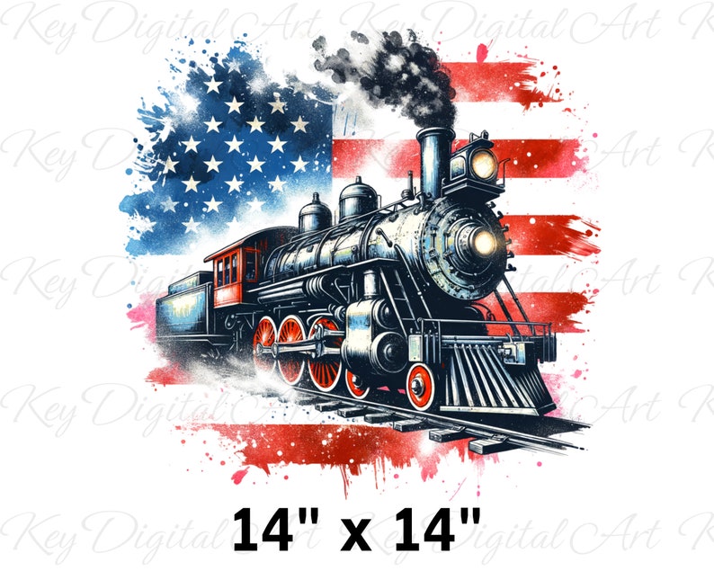 May include: A vintage-style steam locomotive with red, white, and blue accents, reminiscent of the American flag, is depicted against a watercolor background. The locomotive is 14 inches by 14 inches.