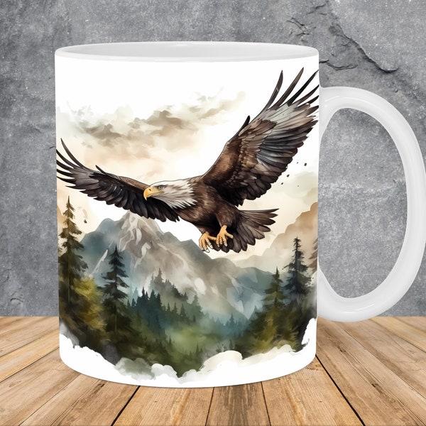 Watercolor Eagle Mountains Forest Mug Wrap 11oz & 15oz Mug Template, Mug Sublimation Design Mug Wrap Template PNG Instant Digital Download