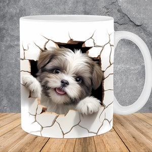 3D Shih Tzu Puppy Hole In A Wall Mug Wrap 11oz & 15oz Mug Template, 3D Mug Sublimation Design Mug Wrap Template PNG Instant Digital Download