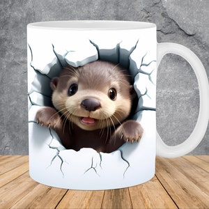 3D Baby Otter Hole In A Wall Mug Wrap 11oz & 15oz Mug Template, Animal Mug Sublimation Design Mug Wrap Template PNG Instant Digital Download