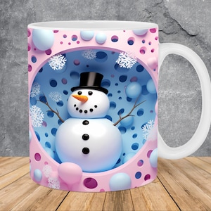 3D Pink Blau Schneemann Loch in einer Wand Becher Wrap 11oz 15oz Becher Vorlage, Becher Sublimation Design Becher Wrap Vorlage PNG Sofortiger digitaler Download