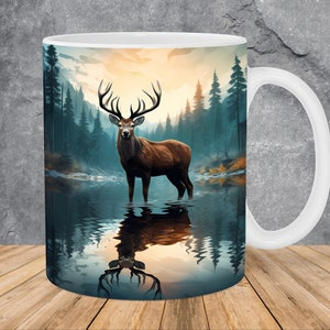 Deer Forest Lake Reflection Mug Wrap 11oz & 15oz Mug Template, Animal Mug Sublimation Design Mug Wrap Template PNG Instant Digital Download