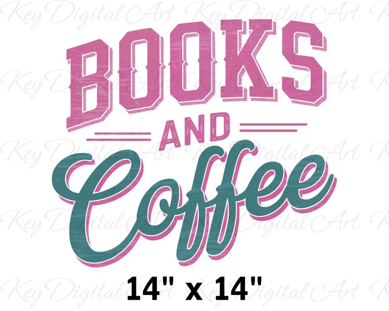Pu&ograve; includere: Su sfondo bianco, testo "BOOKS AND COFFEE" in rosa e verde acqua. Il testo misura 35,56 cm per 35,56 cm. La parola "BOOKS" &egrave; in grassetto, carattere vintage, mentre "COFFEE" &egrave; in corsivo.
